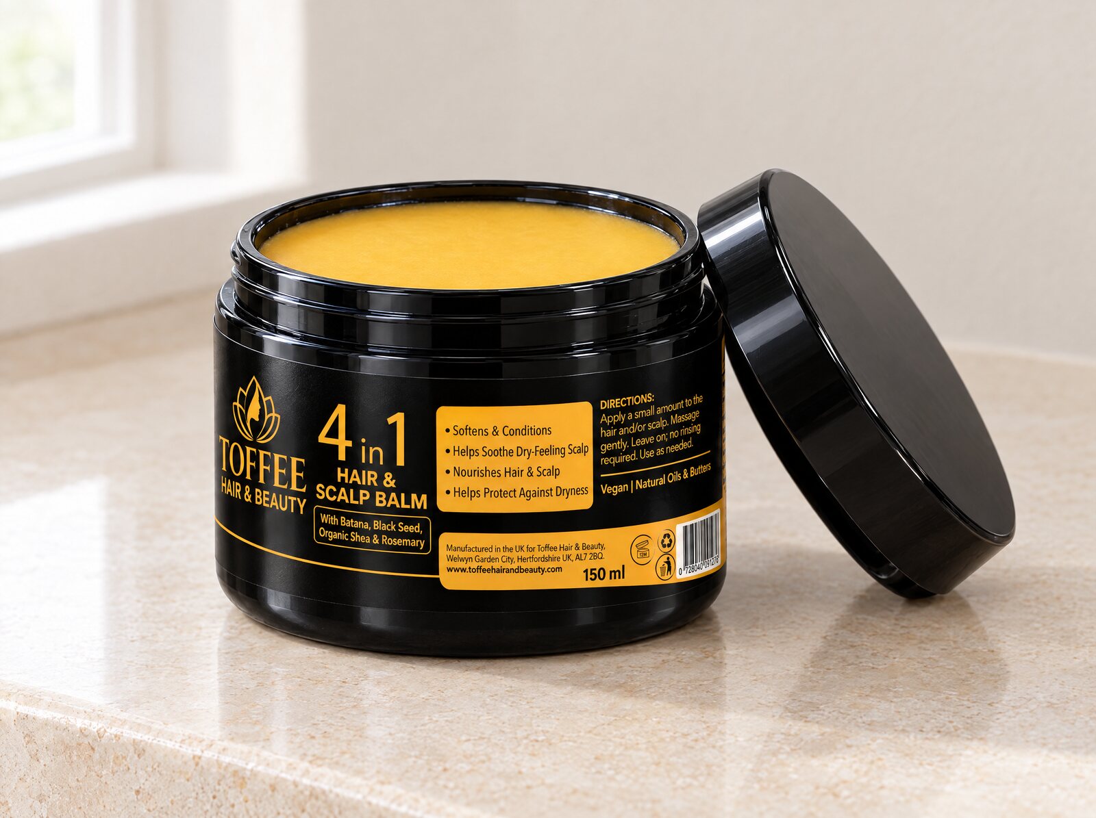Toffee 4 in 1 Hair & Scalp Balm jar, 150 ml, with gold lotus label